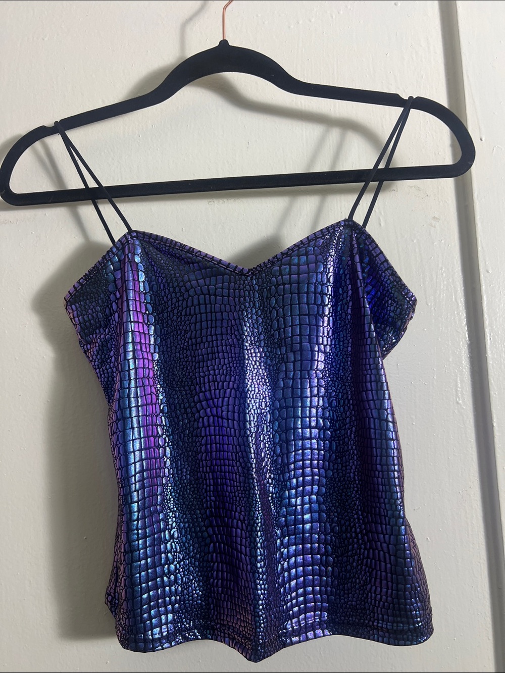 90’s Style Iridescent Purple Blue Crocodile-Embossed Spaghetti Strap Cami